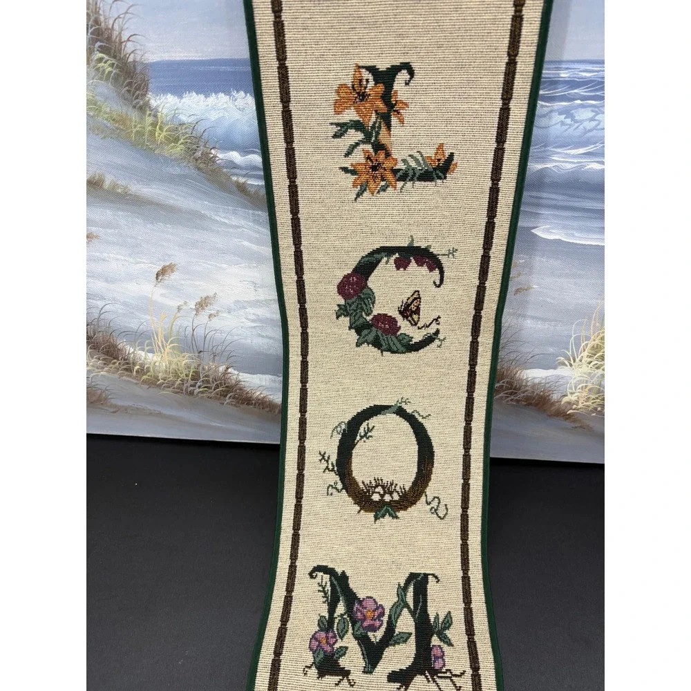 Vintage Woven Tapestry Welcome Wall Hanging Floral Hummingbird Vertical Scroll